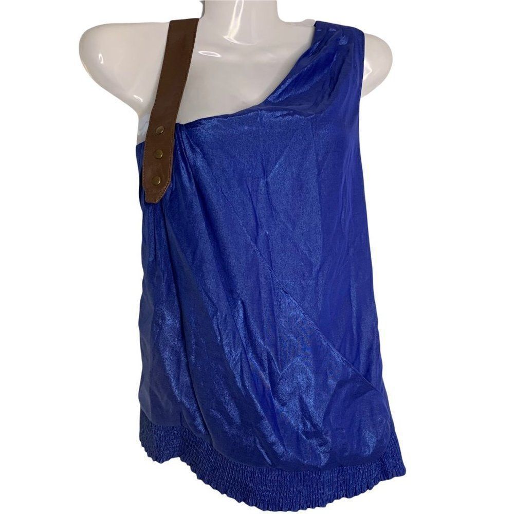 Vintage Asymmetrical Draped Tank Top S Blue Adjustable Vinyl Strap Zip Shirring